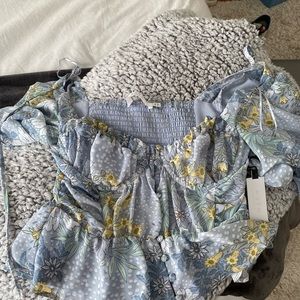 ASTR Clairemont Floral Bustier Puff Sleeve Peplum Top - BLUE MULTI FLORAL